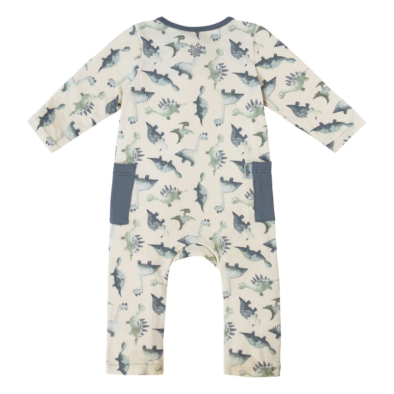 back view of baby long sleeve everyday romper in watercolor dinos|watercolor-dinos