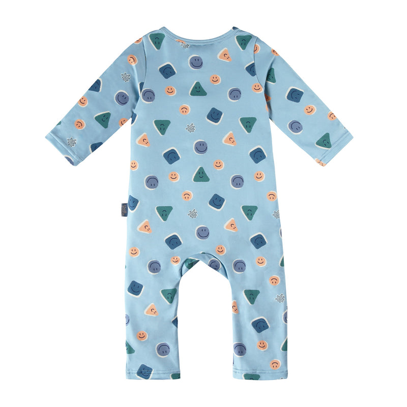 back view of baby active fleece romper in smiley pals|smiley-pals