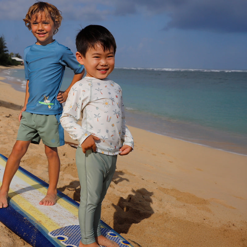 kids on the beach in long sleeve crew sunny swim shirt in tropical trip|tropical-trip