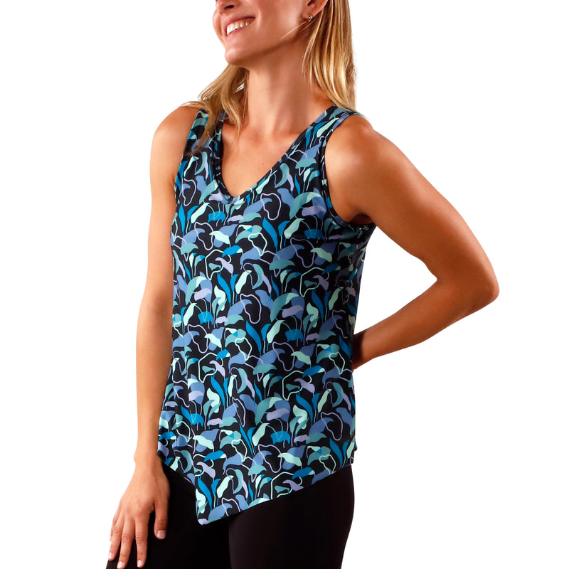 side view of women's UPF tank top in evening leaves|evening-leaves