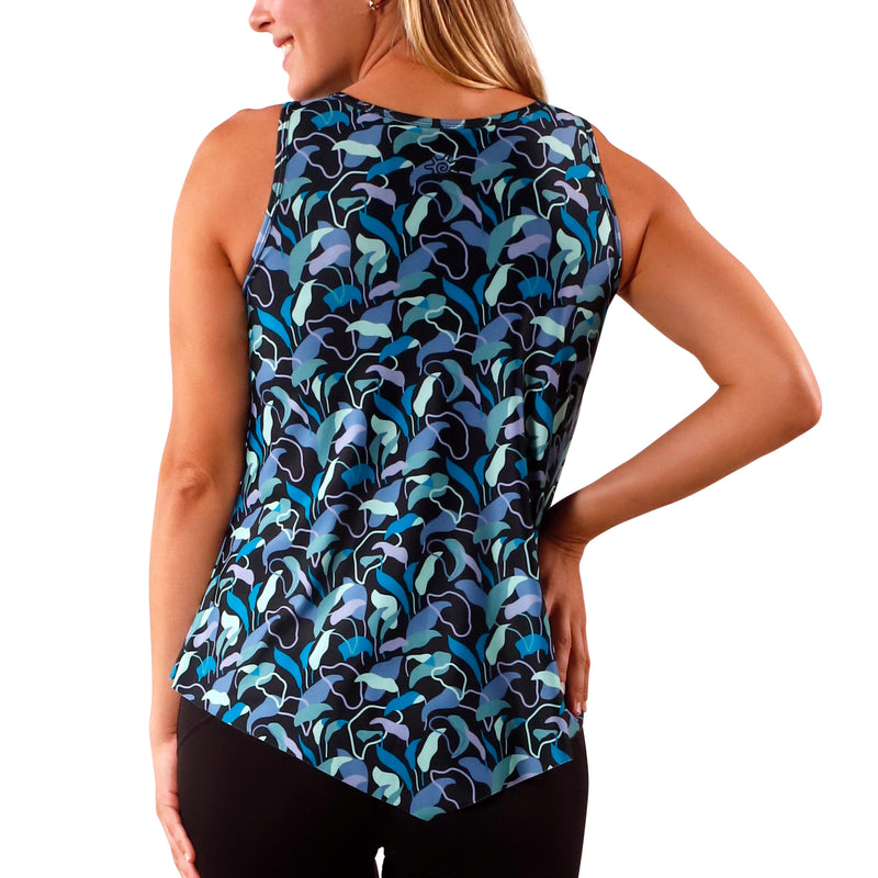 back view of women's UPF tank top in evening leaves|evening-leaves