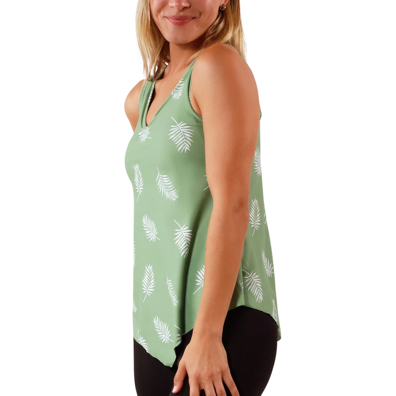 side view of women's UPF tank top in sage palm|sage-palm