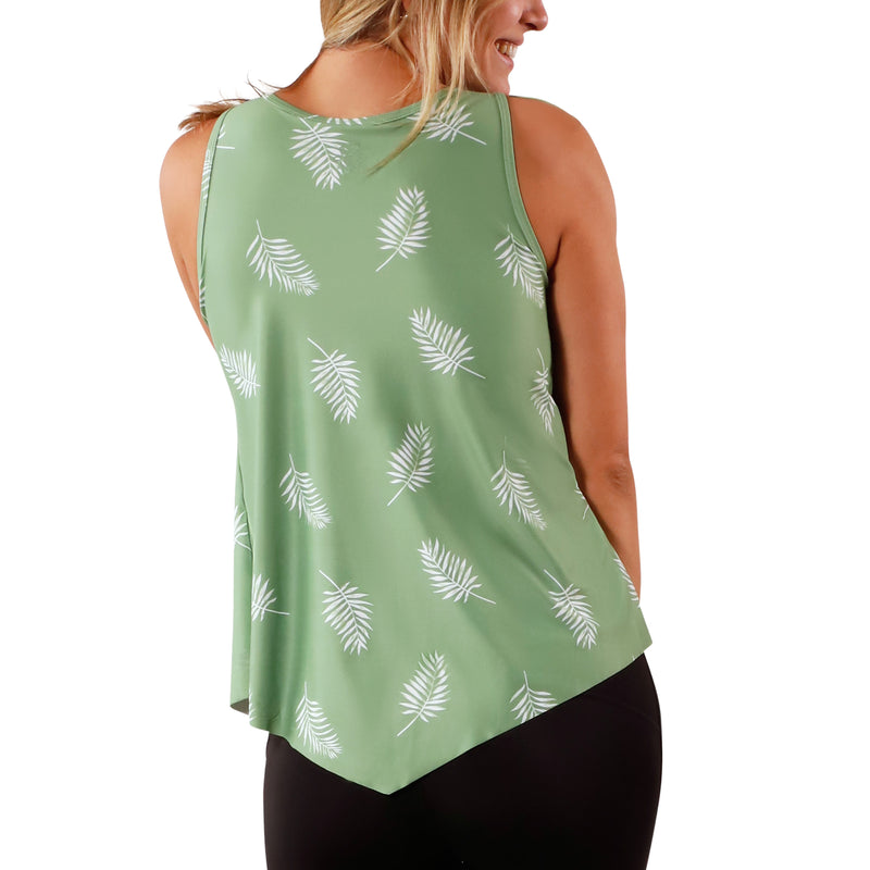 back view of women's UPF tank top in sage palm|sage-palm