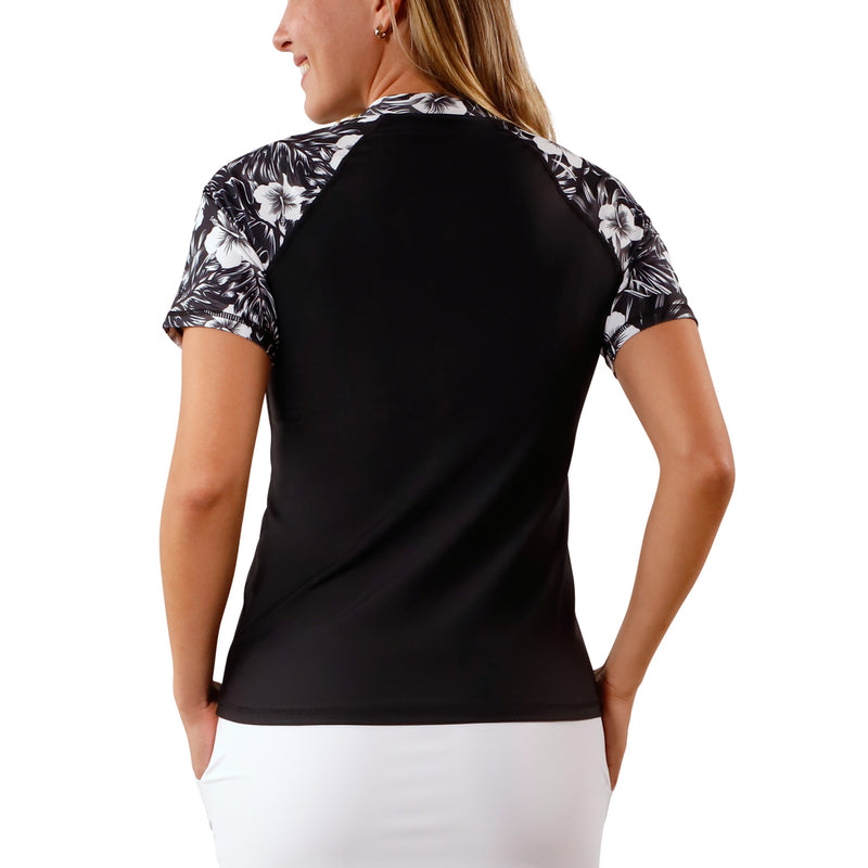 back view of uv skinz women's short sleeve v-neck sun & swim shirt in black paradise|black-paradise