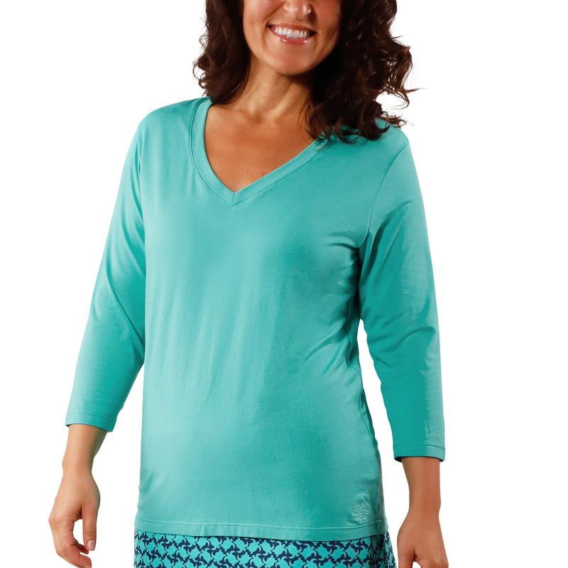 Women's 3/4 Sleeve V-Neck R&R Tee in Turquoise|turquoise