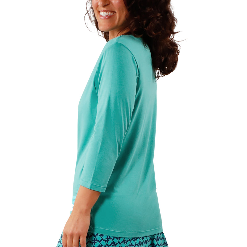 back viewe of Women's 3/4 Sleeve V-Neck R&R Tee in Turquoise|turquoise