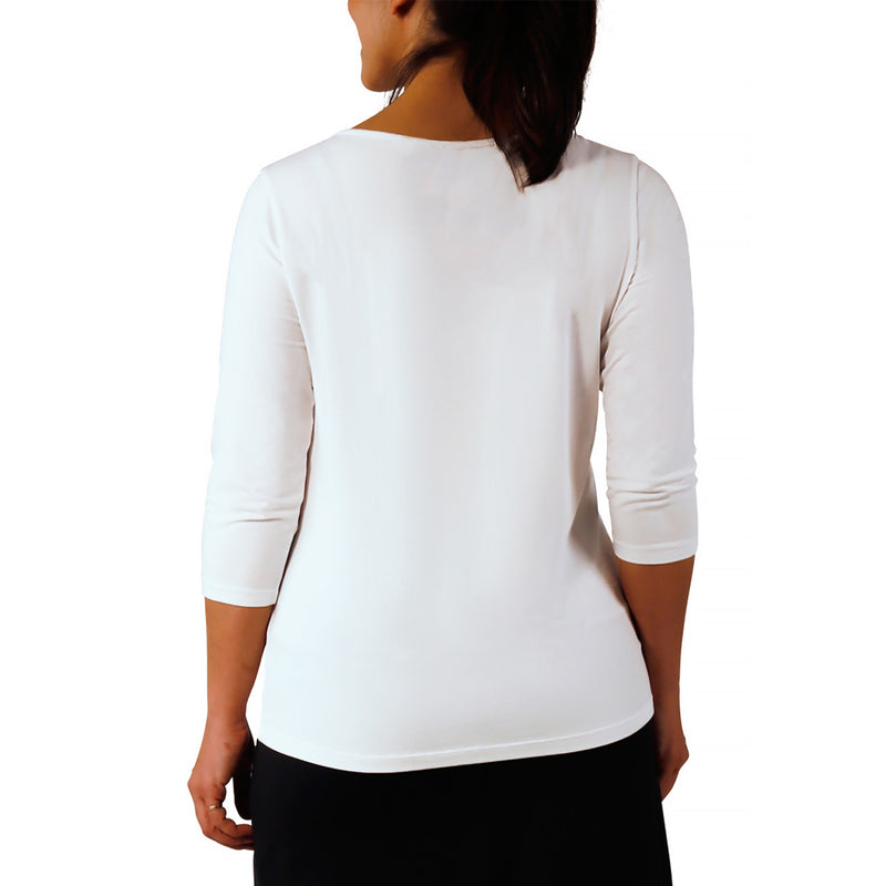 back view of womens 3/4 sleeve scoop neck r&r tee|white