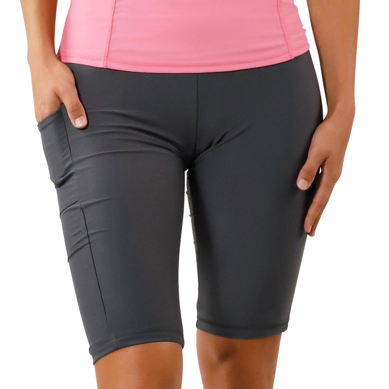 pocket view of women's active swim jammerz in charcoal|charcoal