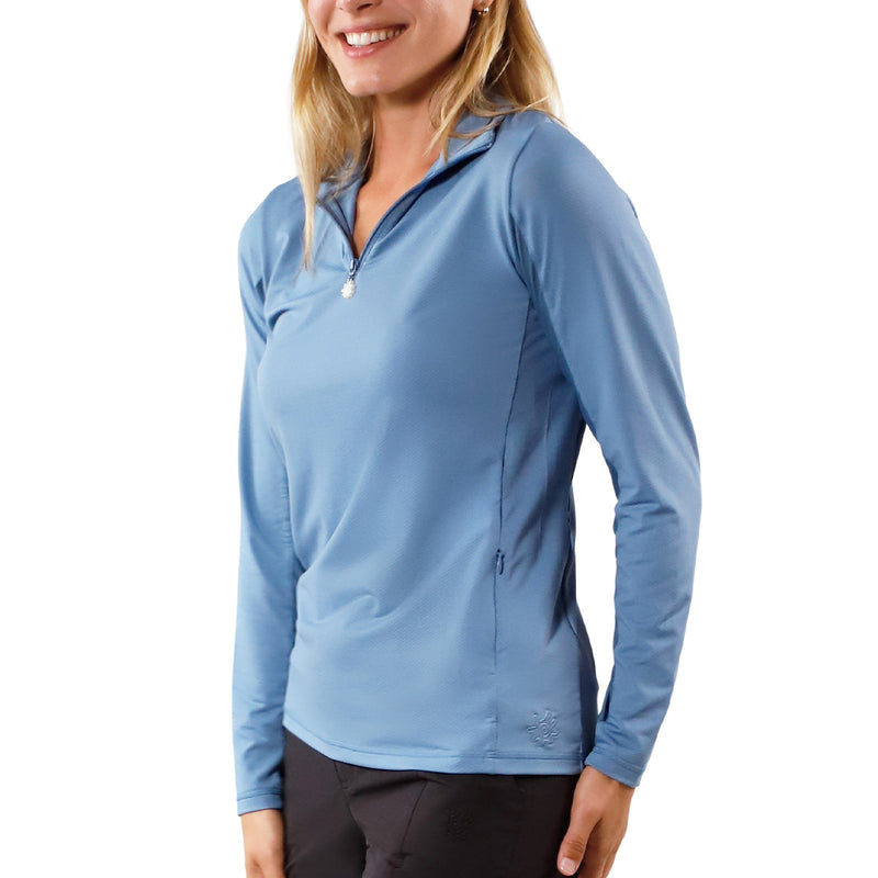 side view of womens long sleeve quarter zip vented sun shirt in baltic|baltic