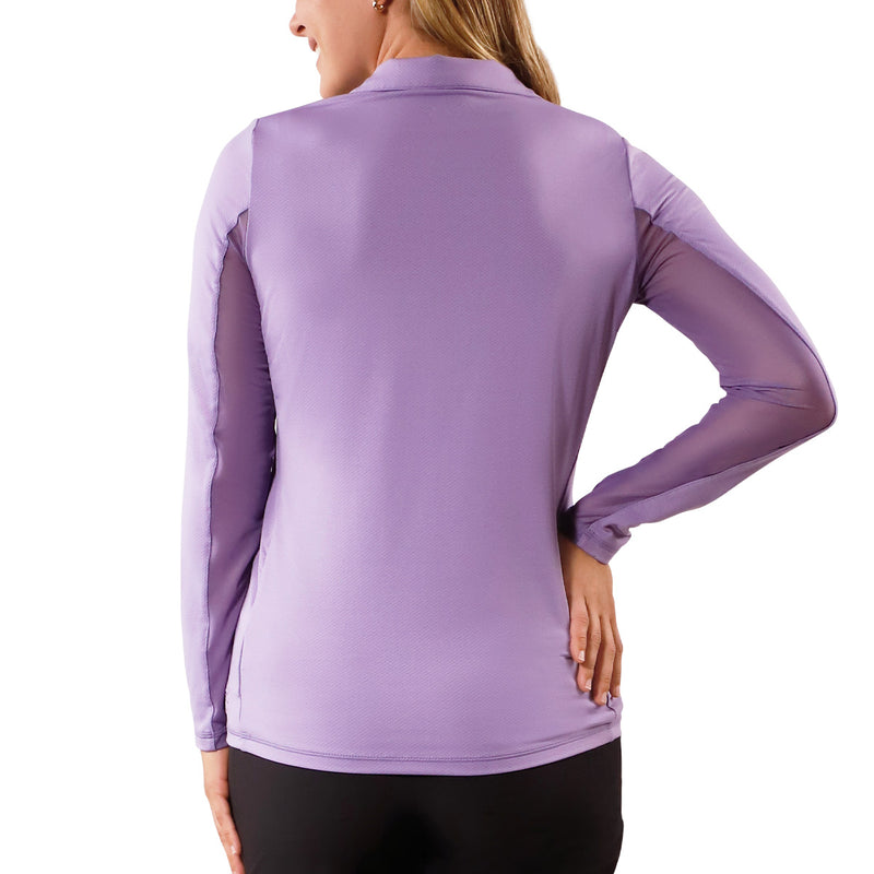 back view of womens long sleeve quarter zip vented sun shirt in daybreak|daybreak