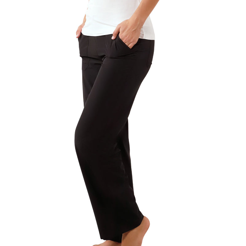 side view of womens walking capris in black|black