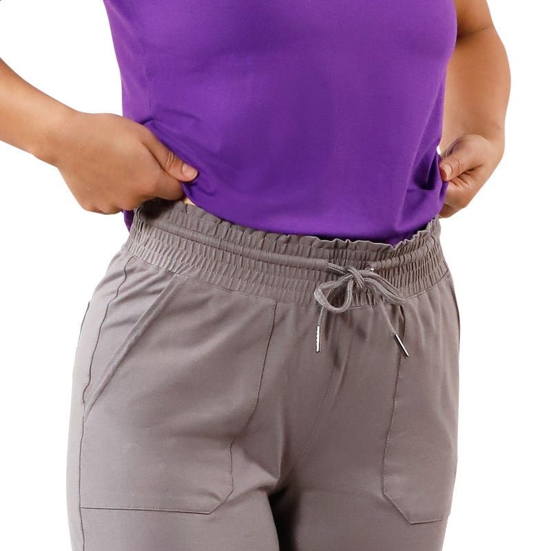 waistband view of womens walking capris in iron|iron