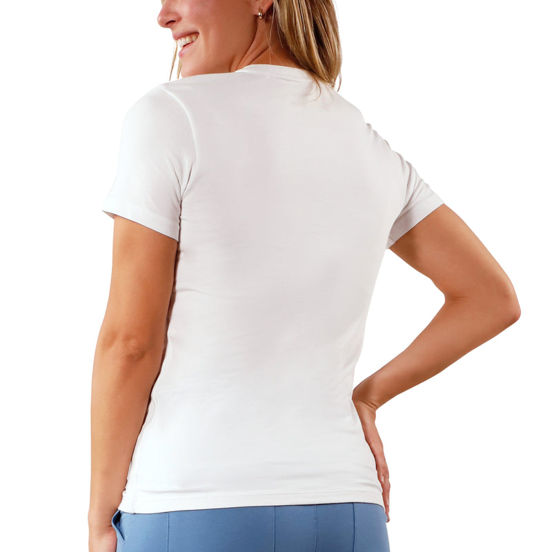 back view of women's UPF 50+ shirt in white|white