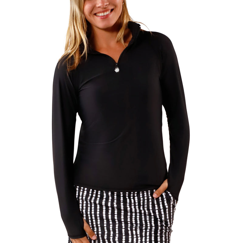 women’s front long sleeve quarter zip swim shirt in black|black