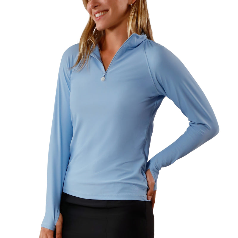 women’s front long sleeve quarter zip swim shirt in clear sky|clear-sky