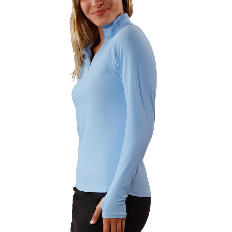 women’s side long sleeve quarter zip swim shirt in clear sky|clear-sky