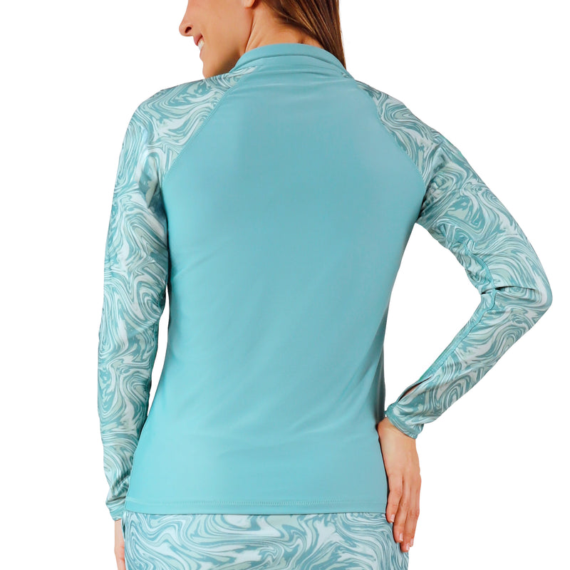 back view of women's long sleeve quarter zip sun & swim shirt|river-marble