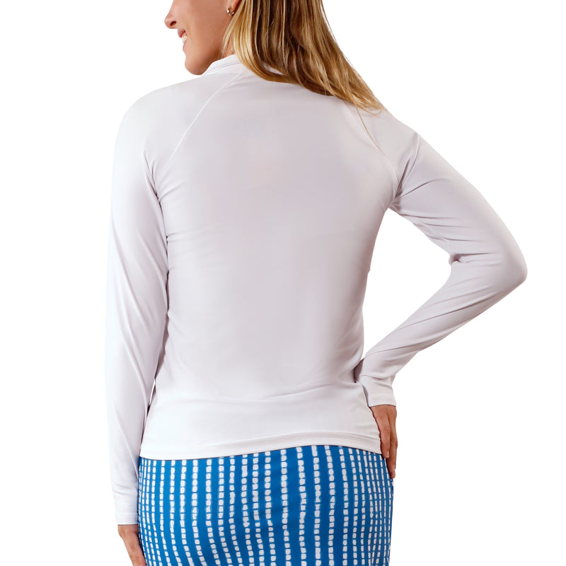 women’s back long sleeve quarter zip swim shirt in white|white