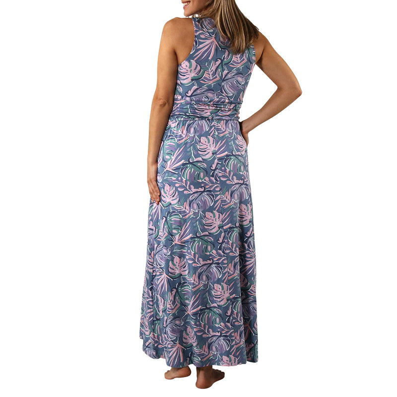 women's v-neck maxi dress in pastel palms|pastel-palms