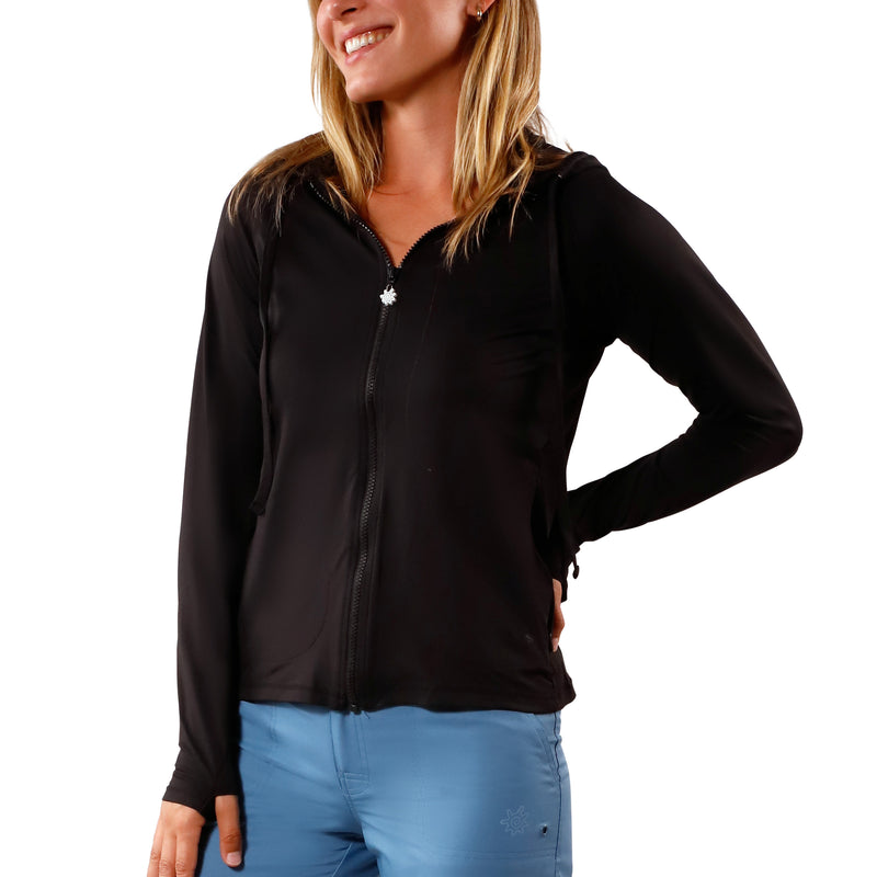 UV Skinz's women's front hooded water jacket in black|black