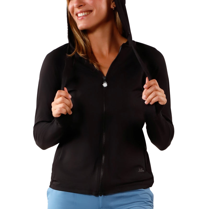 UV Skinz's women's hood-up hooded water jacket in black|black