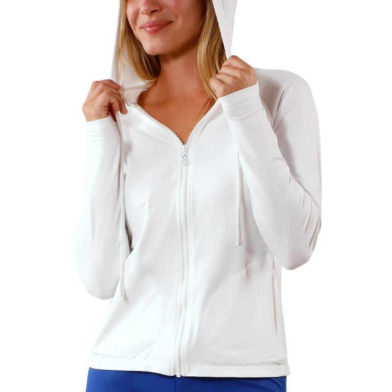 UV Skinz's women's hood-up hooded water jacket in white|white