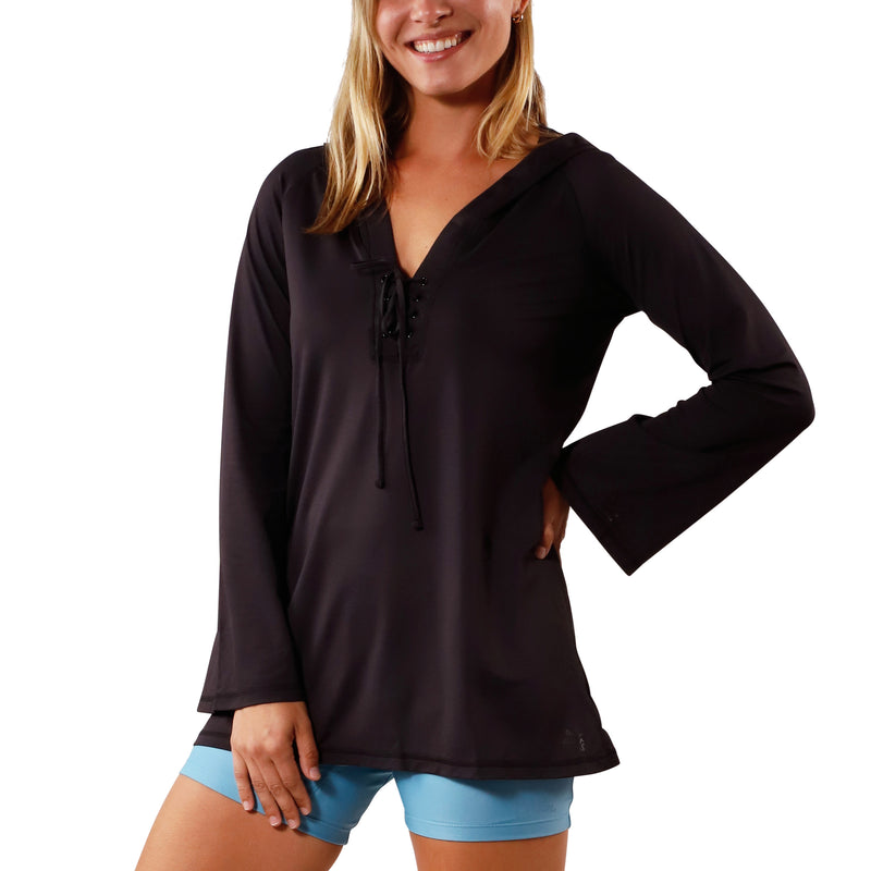 Woman in UV Skinz's Women's Hooded Beach Cover Up|black