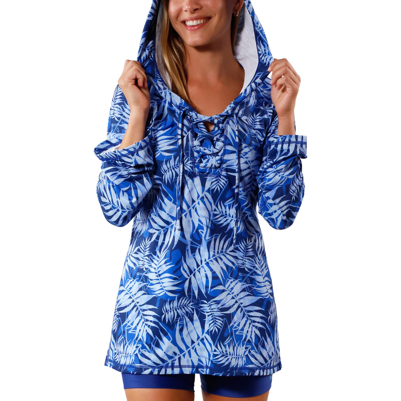 hooded view of Women's Hooded Beach Cover Up in Navy Blue Palms|navy-blue-palms