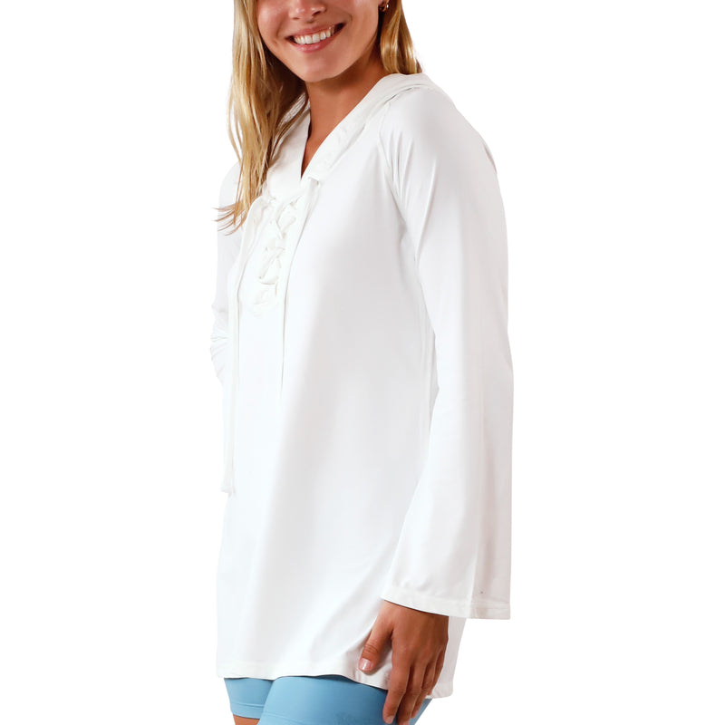 side view of Women's Hooded Beach Cover Up in White|white