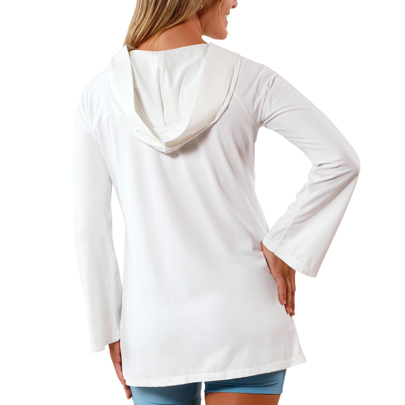 back view of Women's Hooded Beach Cover Up in White|white