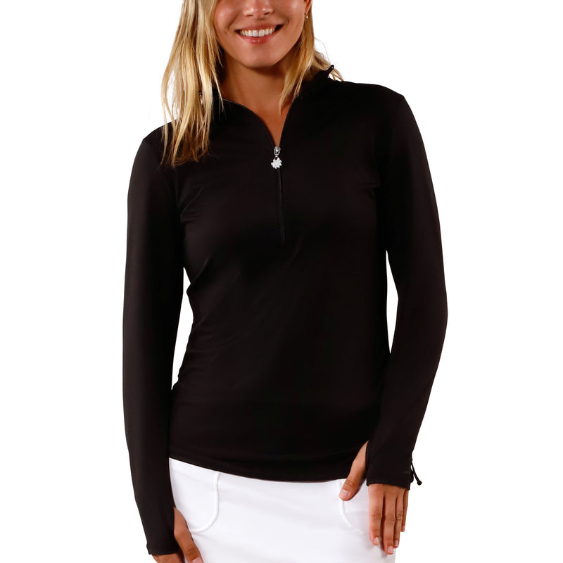 Women's front Long Sleeve Half Zip Ruched Sun Shirt|black