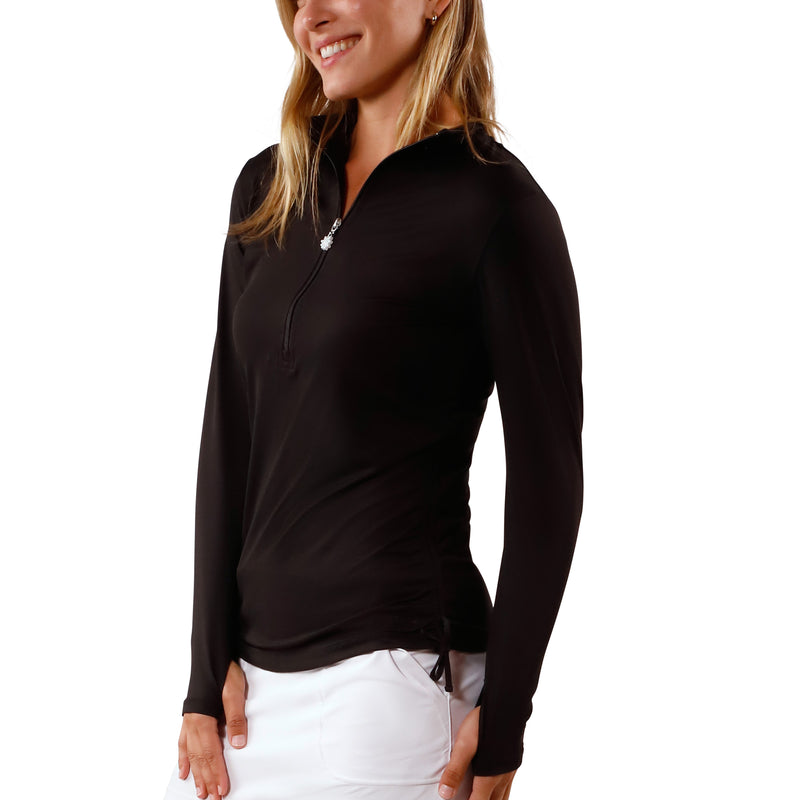 Women's side Long Sleeve Half Zip Ruched Sun Shirt|black