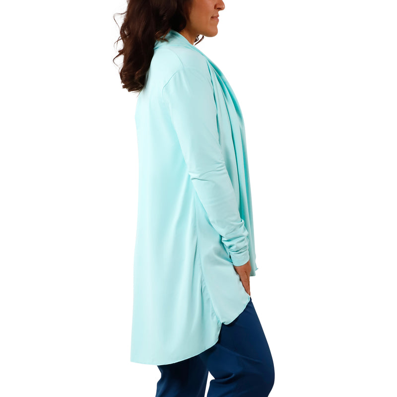 side view of women's hooded beach cover up in beach glass|beach-glass