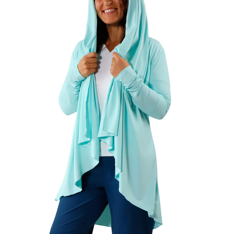 hooded view of women's hooded beach cover up in beach glass|beach-glass