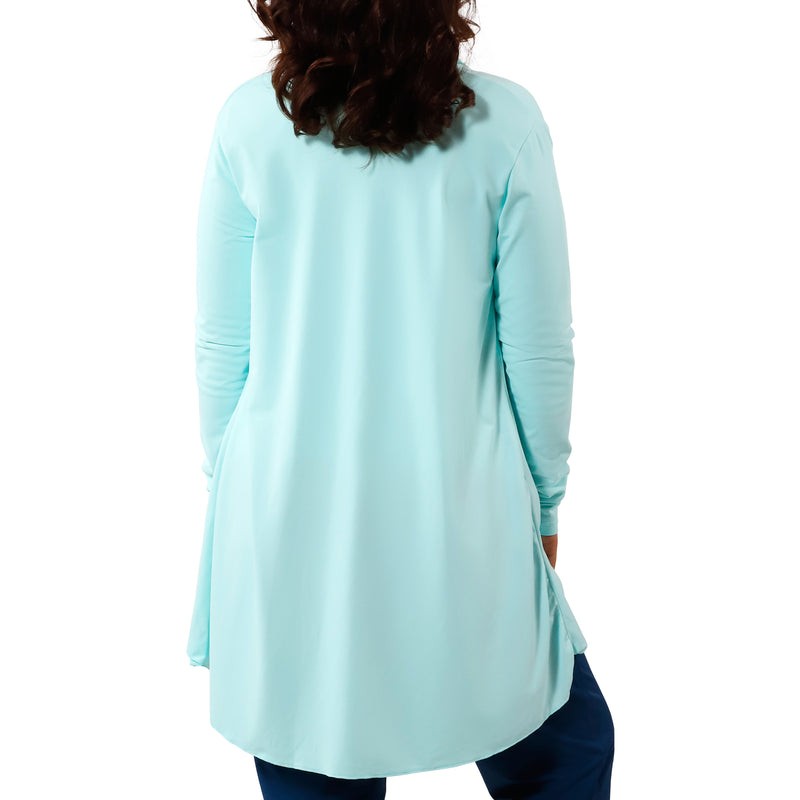 back view of women's hooded beach cover up in beach glass|beach-glass