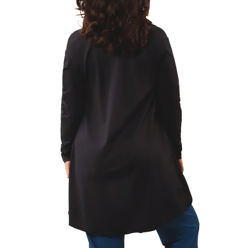 back view of women's hooded beach cover up in black|black