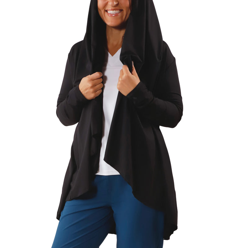 hooded view of women's hooded beach cover up in black|black