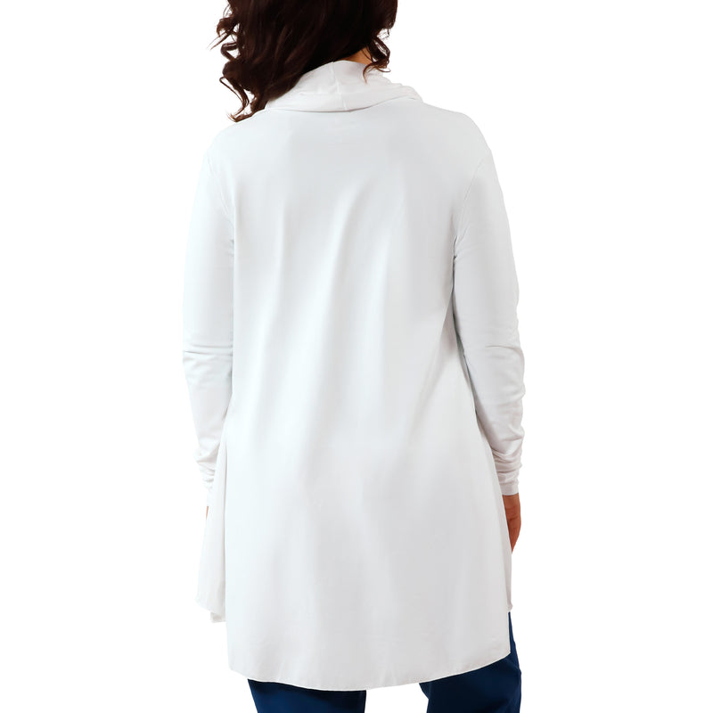 back view of women's hooded beach cover up in white|white