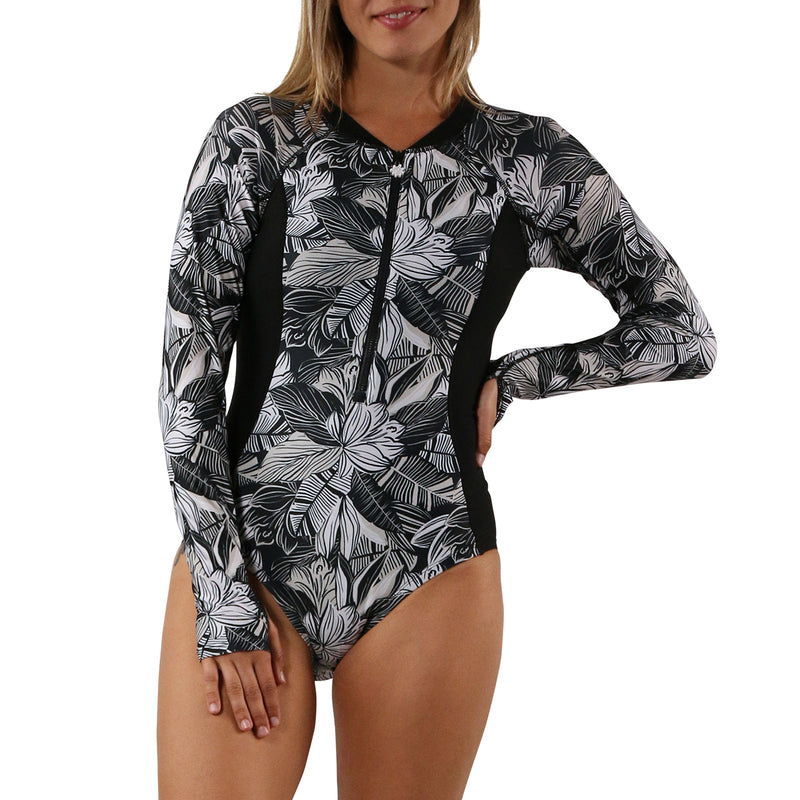 women's long sleeve swimsuit with UPF in woodblock tropics|woodblock-tropics