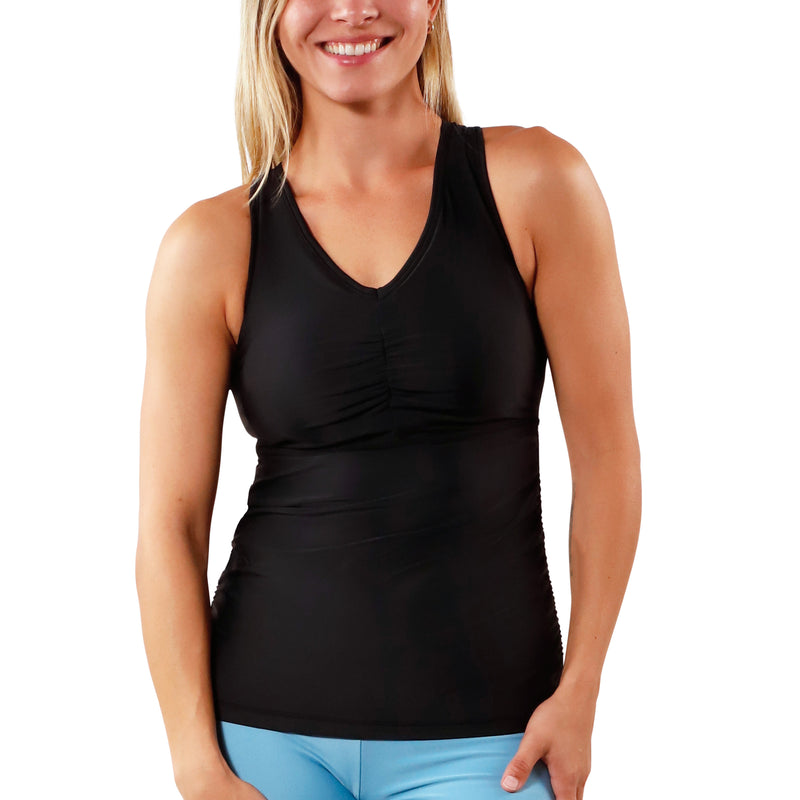 Women's ruched swim tank top in black|black