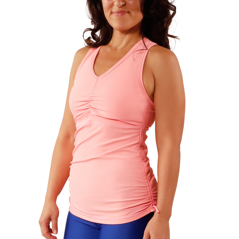 women's ruched swim tank top in flamingo|flamingo