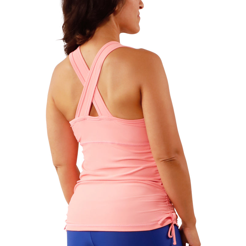 back view of women's ruched swim tank top in flamingo|flamingo