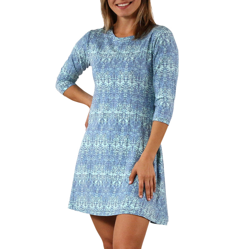 Women's 3/4 Sleeve Swing Dress in Baltic Kaleidoscope|baltic-kaleidoscope