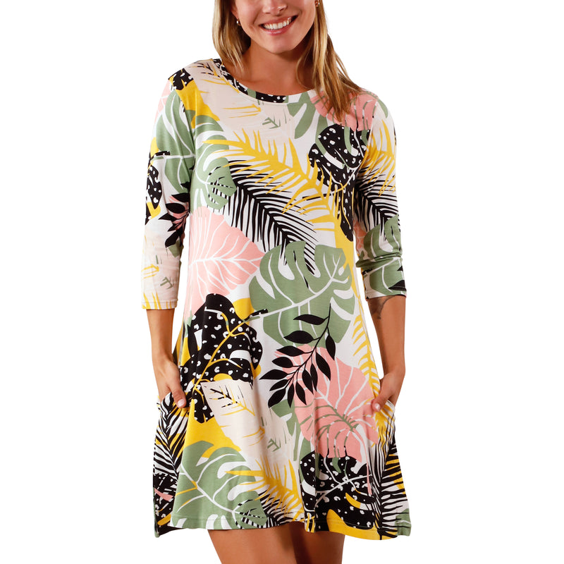 Women's 3/4 Sleeve Swing Dress in Forest Botanical|forest-botanical