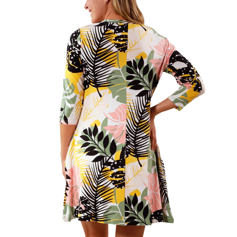 back view of Women's 3/4 Sleeve Swing Dress in Forest Botanical|forest-botanical