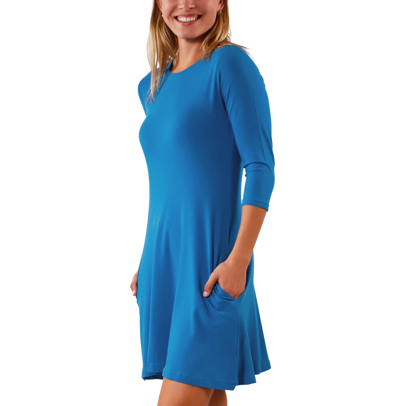 side view of Women's 3/4 Sleeve Swing Dress in Mykonos Blue|mykonos-blue