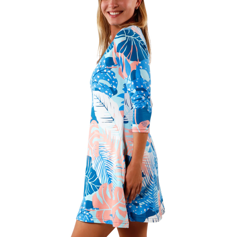 side view of Women's 3/4 Sleeve Swing Dress in Ocean Botanical|ocean-botanical