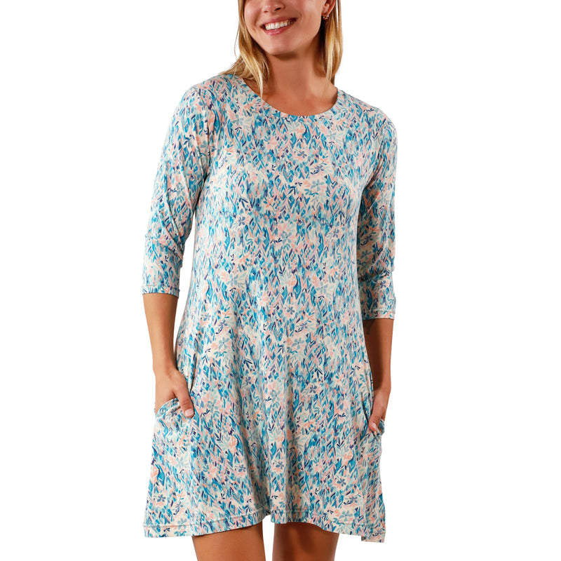 Women's 3/4 Sleeve Swing Dress in River Painted Eden|river-painted-eden