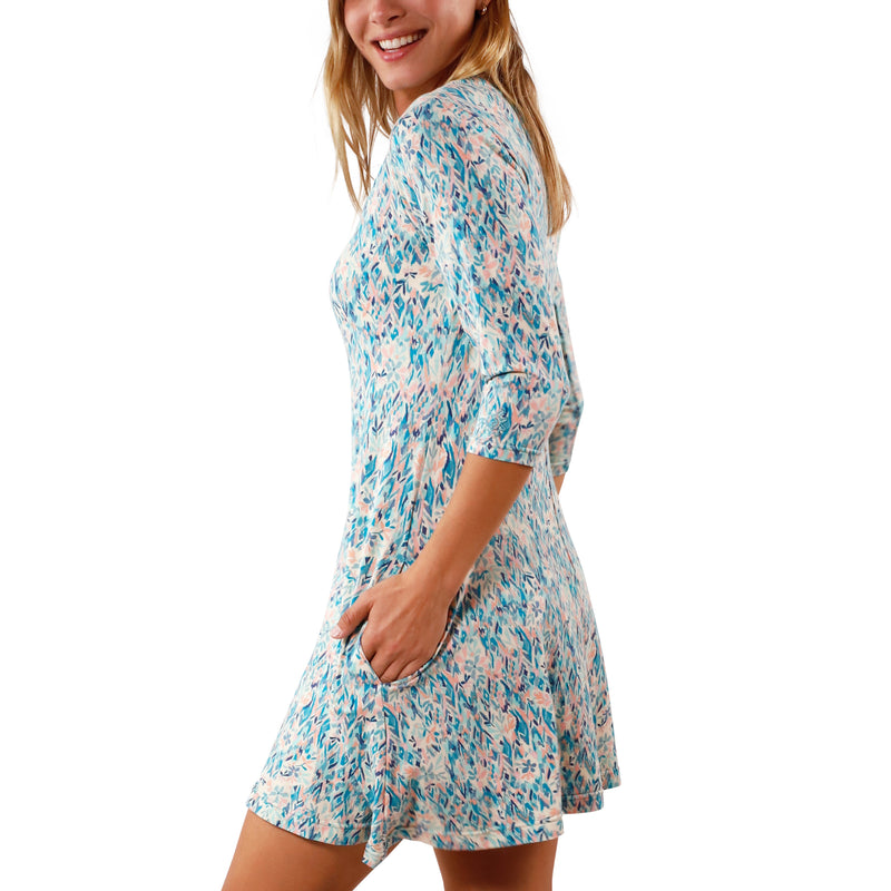 side view of Women's 3/4 Sleeve Swing Dress in River Painted Eden|river-painted-eden