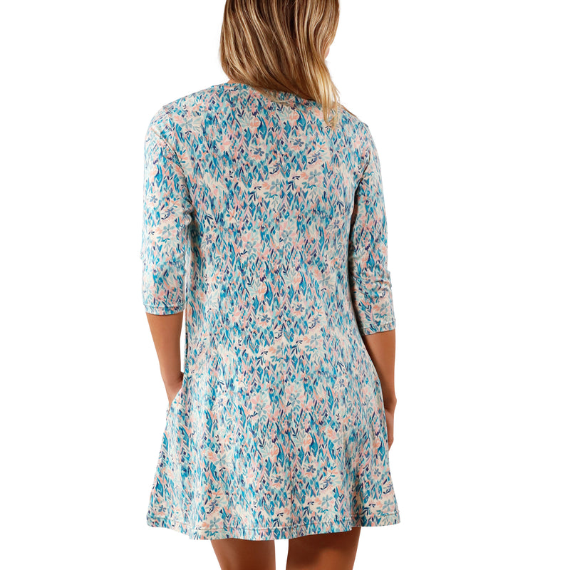 back view of Women's 3/4 Sleeve Swing Dress in River Painted Eden|river-painted-eden